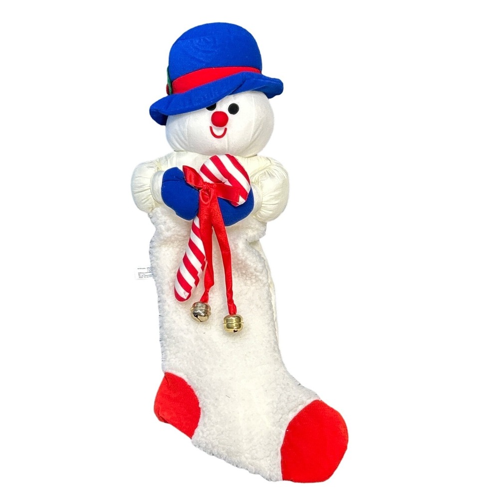 Christmas Holiday Stocking Nylon‎ Fleece Snowman Candy Cane Bells Blue Hat